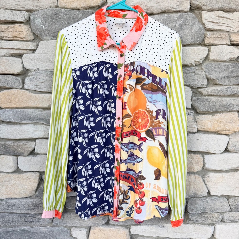 Anthropologie Maeve The Paz Mixed Print Patchwork Buttondown Blouse - L